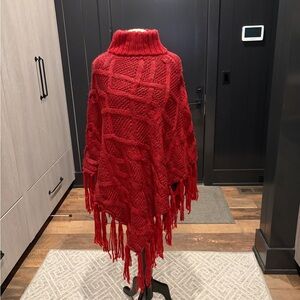 Hand Knit Red Cable Knit Turtleneck Poncho w Fringe